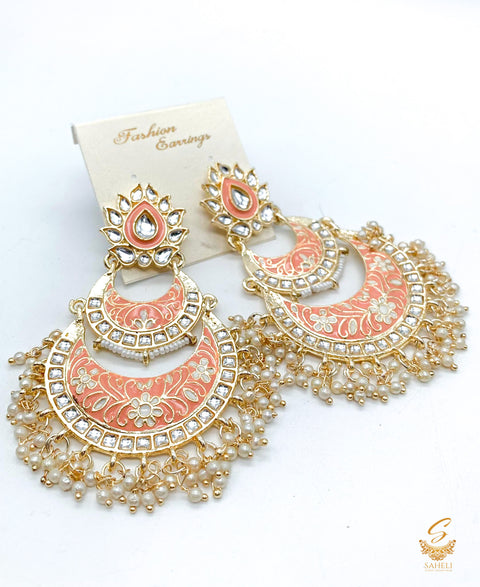 Pastel Peach Colour Meenakari Work With Kundan & Pearls Chandbali Earrings