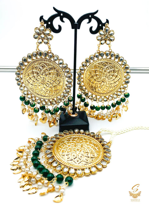 Deep Forest green pearls with kundan gold plated (artificial) round Pipal Patti punjabi earrings & tikka set