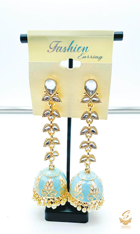 Pastel baby blue Colour Beautiful Meenakari Work With Kundan Stone & Pearls Jhumka