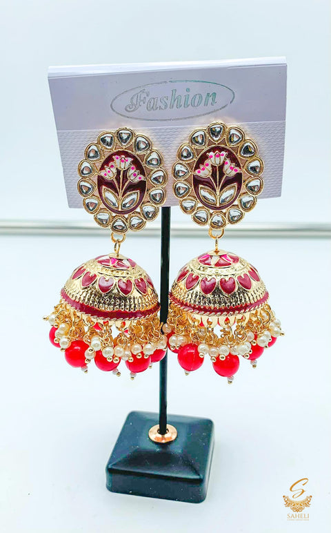 Maroon Colour Beautiful Meenakari Work With Kundan Stone & Pearls Jhumka