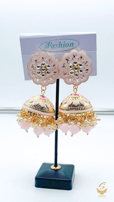Pastel baby pink Colour Beautiful Meenakari Work With Kundan Stone & Pearls Jhumka
