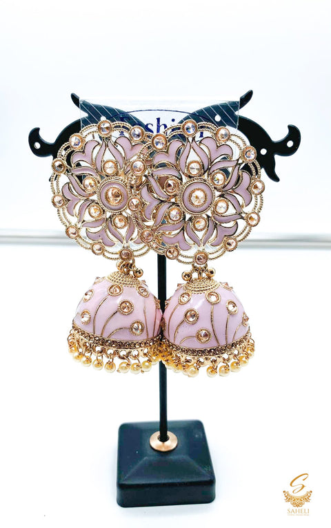 Pastel baby pink colour beautiful meenakari work with kundan stone & pearls jhumka
