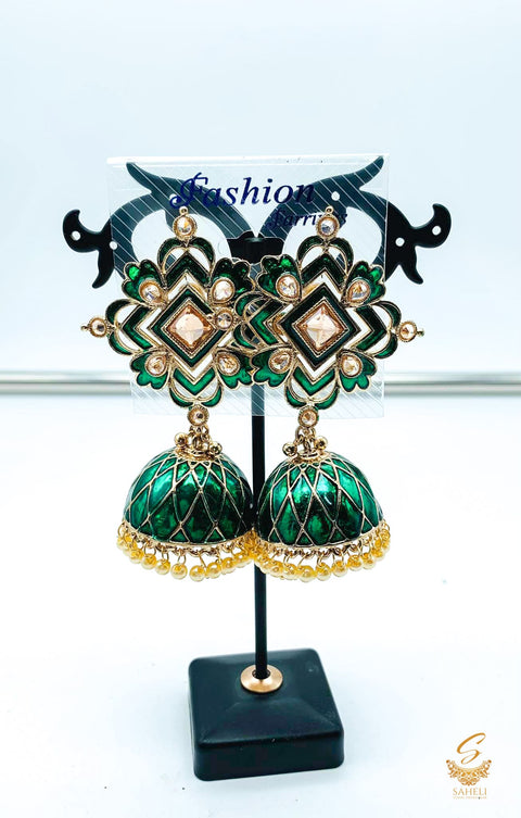 Dark bottle green colour meenakari work with Polki stones beautiful jhumka