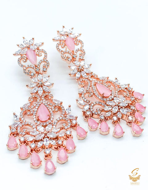 Rosegold and Pink stone beautiful American Diamond Earrings
