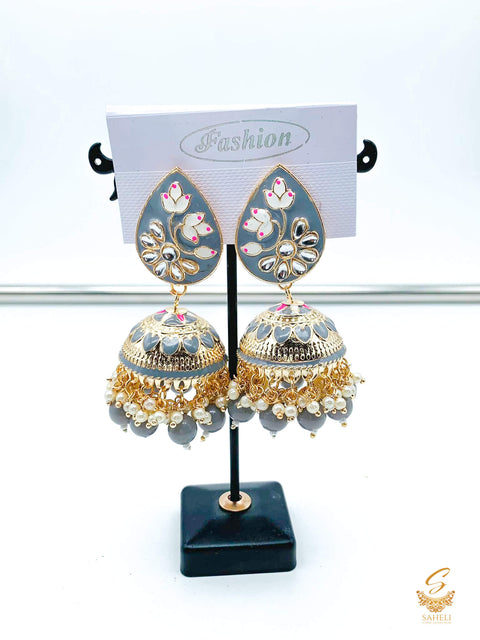 Grey colour beautiful meenakari work with kundan stone & pearls jhumka