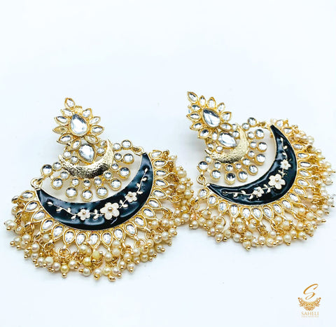 Black Colour Beautiful Meenakari Work With Kundan Stone & Pearls chandbali earring