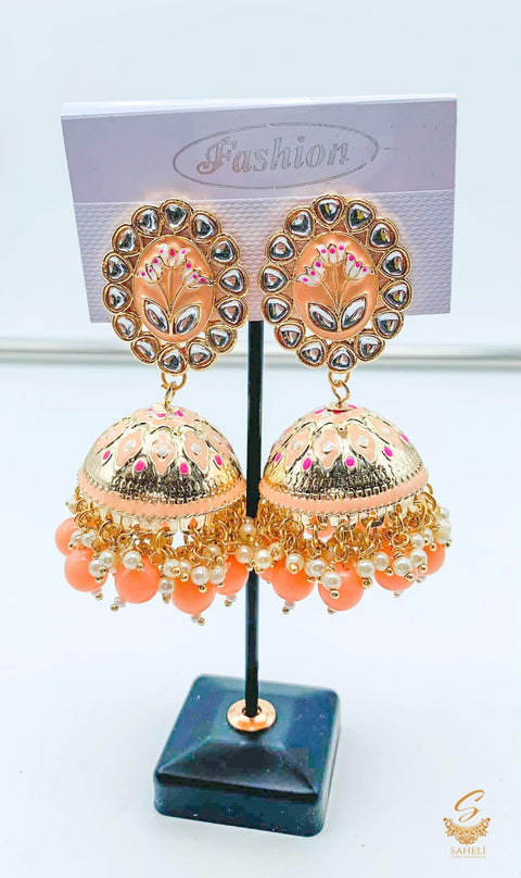 Pastel peach Colour Beautiful Meenakari Work With Kundan Stone & Pearls Jhumka