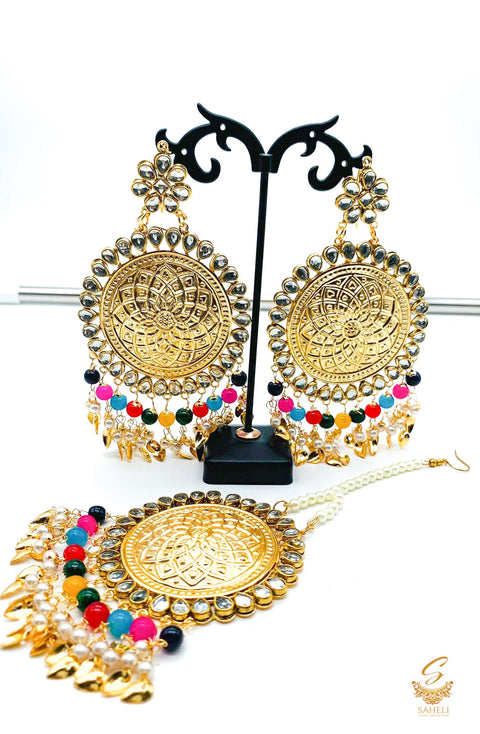 Multicoloured with kundan gold plated (artificial) round Pipal Patti punjabi earrings & tikka set