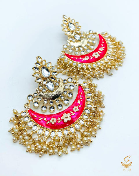 Hot Pink Colour Beautiful Meenakari Work With Kundan Stone & Pearls chandbali earring
