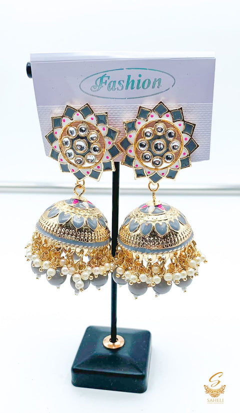 Dark Grey Colour Beautiful Meenakari Work With Kundan Stone & Pearls Jhumka