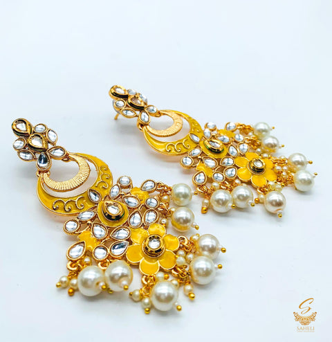 Dark Yellow  Colour Beautiful Meenakari Work With Kundan Stone & Pearls beautiful earrings