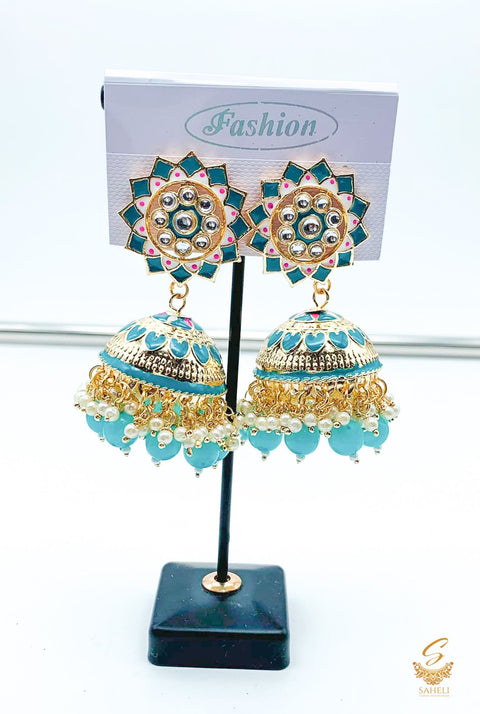 Teal Colour Beautiful Meenakari Work With Kundan Stone & Pearls Jhumka