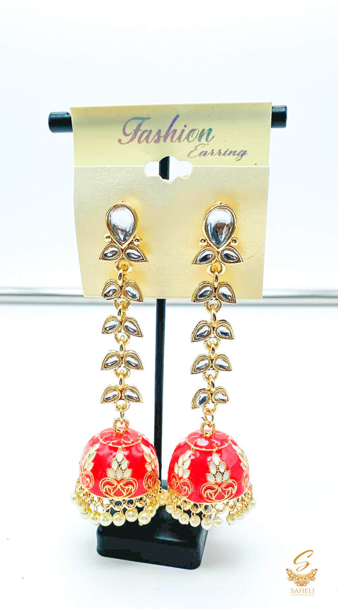 Bubblegum pink Colour Beautiful Meenakari Work With Kundan Stone & Pearls Jhumka