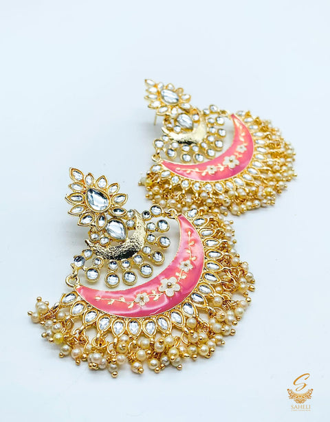 Pastel Pink Colour Beautiful Meenakari Work With Kundan Stone & Pearls chandbali earring