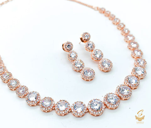 Rosegold &  Silver stone American Diamond necklace