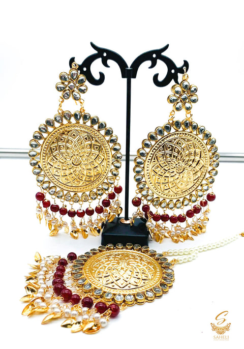 Maroon with kundan gold plated (artificial) round Pipal Patti punjabi earrings & tikka set