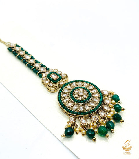 Deep green Pearls with polki stone beautiful tikka