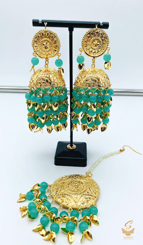 Punjabi Teal Color Jadau Earrings with Tikka Set light Weight