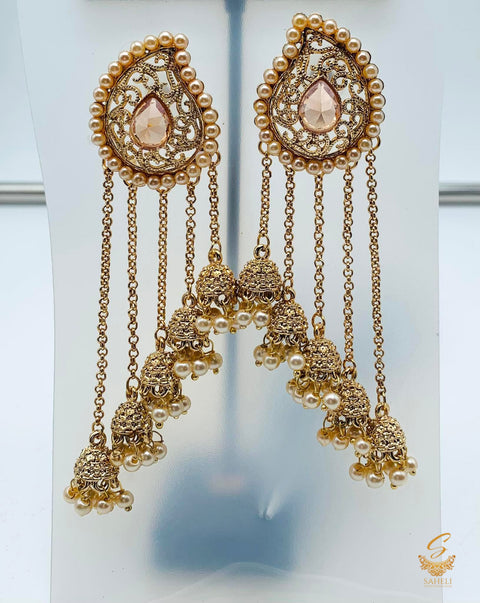 Antique Long Earrings With Heavy Pearls & Stone Work