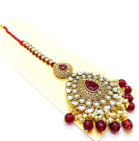 Deep MAroon Pearls with kundan stone beautiful tikka