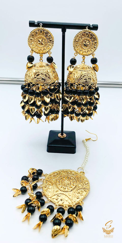 Punjabi Black Color Jadau Earrings with Tikka Set light Weight