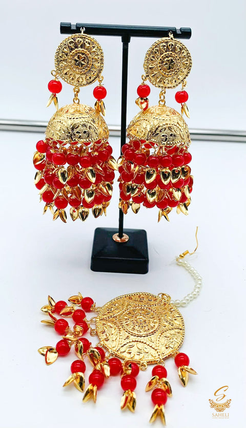 Punjabi Red Color Jadau Earrings with Tikka Set light Weight