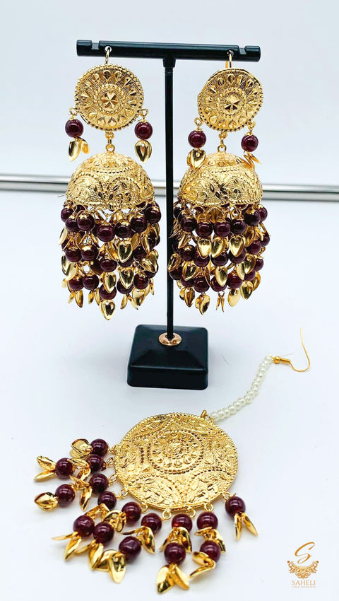 Punjabi Maroon Color Jadau Earrings with Tikka Set light Weight