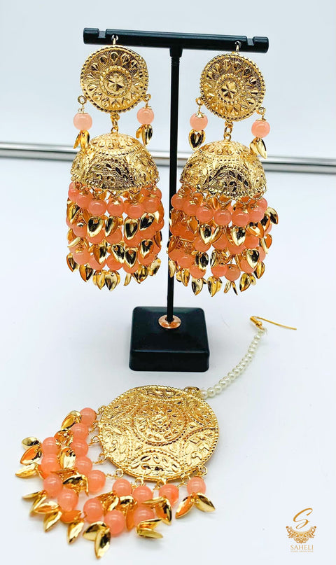 Punjabi Peach Color Jadau Earrings with Tikka Set light Weight