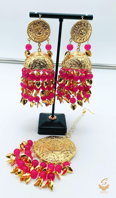 Punjabi Hot Pink Color Jadau Earrings with Tikka Set light Weight