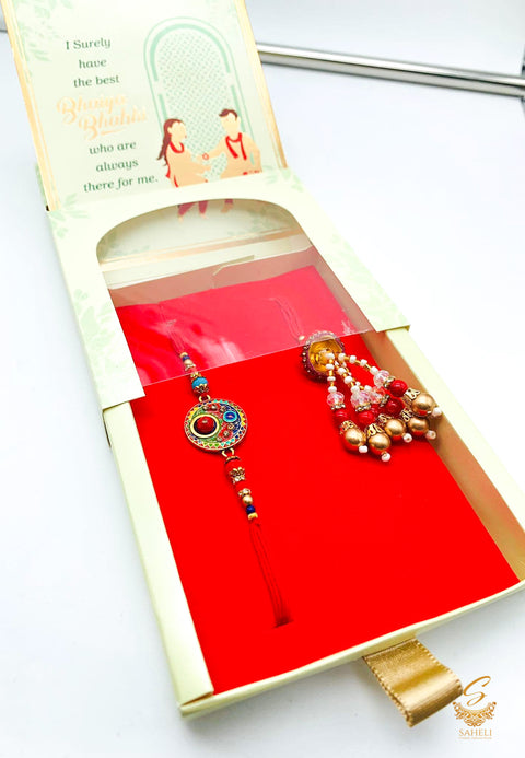 Beautiful Paired Rakhi For Bhai & Bhabhi With a beautiful message greeting Rakhi (Box Rakhi Opens with string and display Greeting)