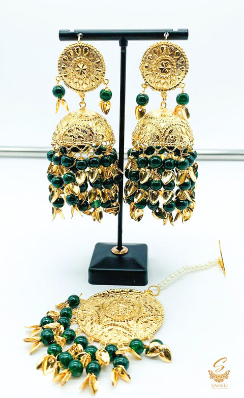 Punjabi Dark Green Color Jadau Earrings with Tikka Set light Weight