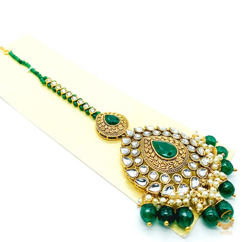 Deep Bottle green Pearls with kundan stone beautiful tikka