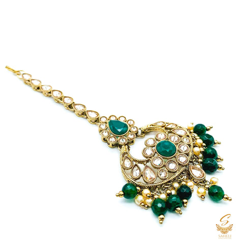 Deep Bottle green Pearls with Polki stone beautiful tikka