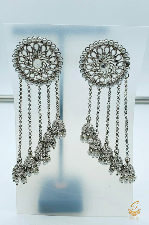 Antique Silver Long Earrings With Heavy Pearls & Stone Work