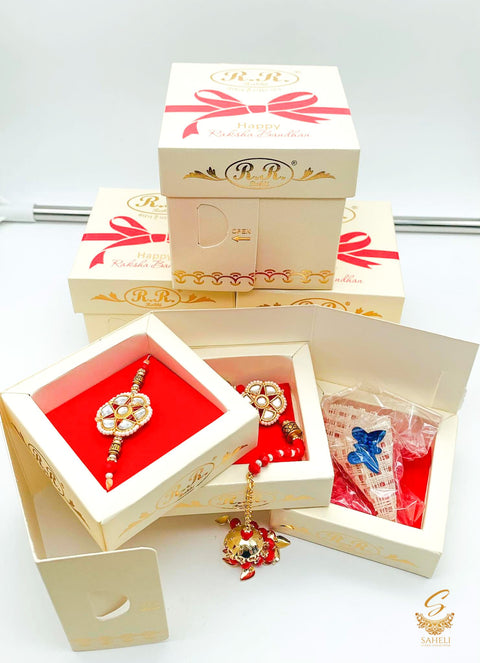 Beautiful Paired Rakhi For Bhai & Bhabhi Kundan stone beautiful Rakhi with Mishri Packed inside (Rakhi Opens in 3 boxes)