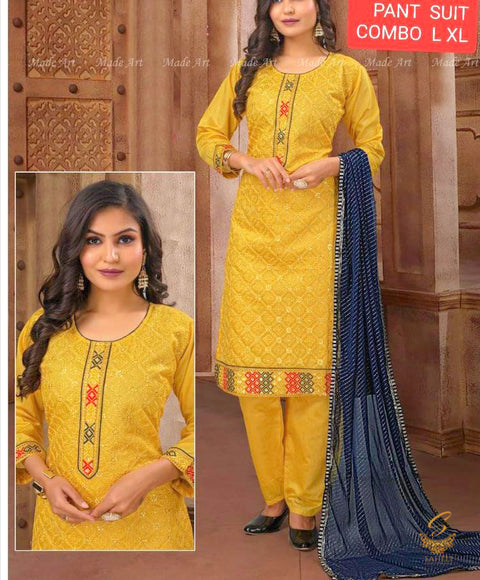 Size 40 Yellow Colour Cotton Silk Based All Over Embroidered Kameez With pent & embroidered dupatta