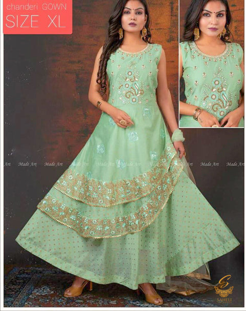 Size 40 pastel mint Colour Cotton Silk Based All Over Embroidered Flared Kameez With Embroidered Dupatta