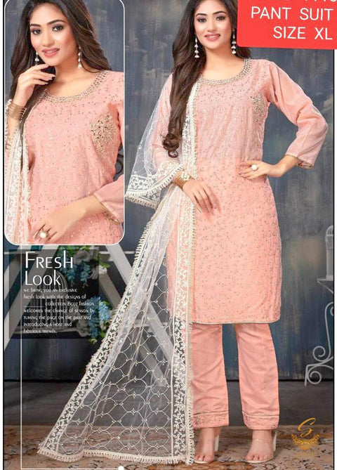 Size 42 Pastel peach Colour Cotton Silk Based All Over Embroidered Kameez With pent & embroidered dupatta