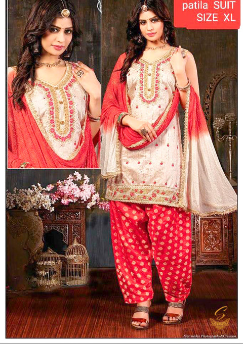 Size 42 beige  Colour Cotton Silk Based All Over Embroidered  Kameez With Salwar & Dupatta