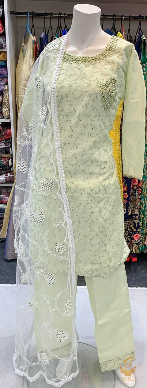 Size 42 Pastel mint Colour Cotton Silk Based All Over Embroidered Kameez With pent & embroidered dupatta