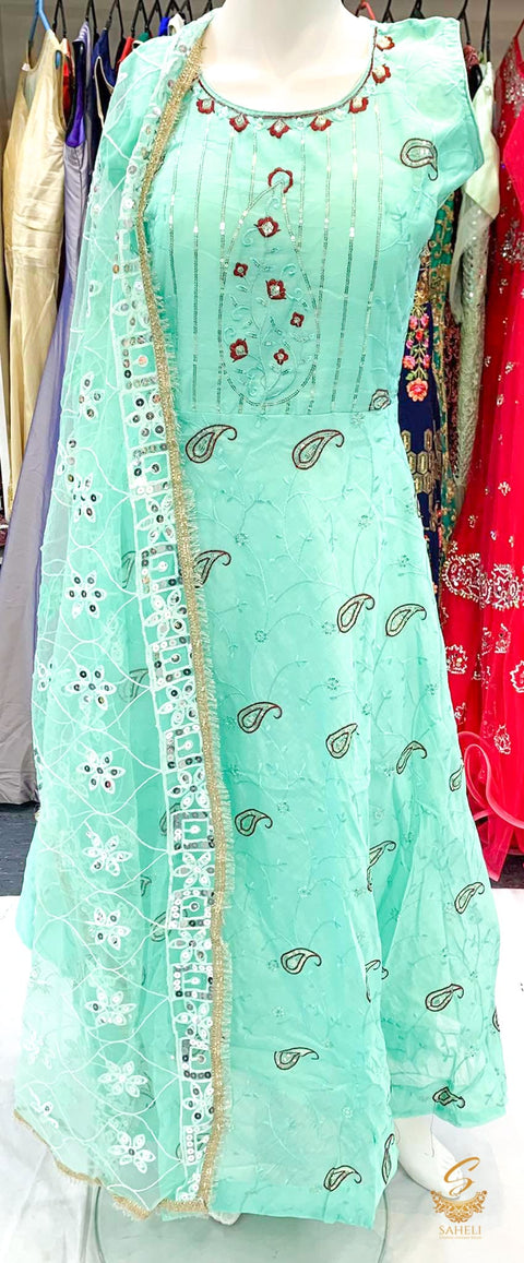 Size 40  Skyblue Colour Cotton Silk Based All Over Embroidered Flared Kameez With Embroidered Dupatta