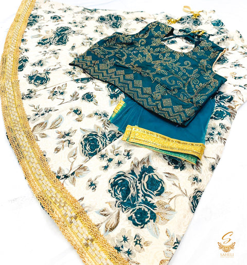 Deep Green colour stone work blouse with floral print raw silk based lehnga