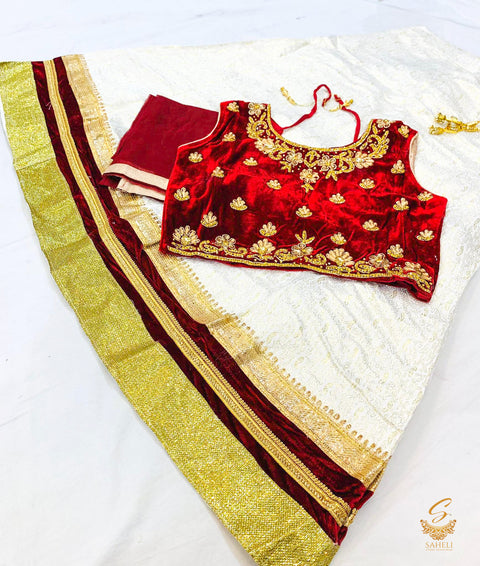 Maroon Colour Velvet Based Stone Work Blouse With Cream Colour Brocade Silk Based Lehnga