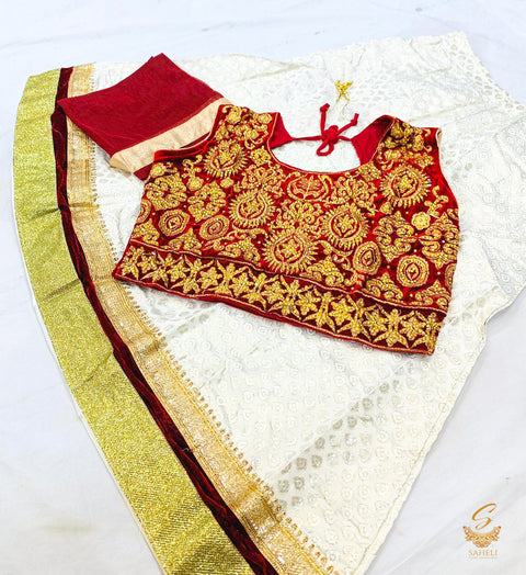 Maroon Colour Velvet Based Stone Work Blouse With Cream Colour Brocade Silk Based Lehnga