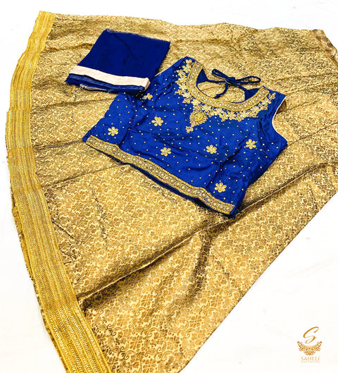 Blue colour stone work blouse with brocade silk lehnga with dupatta