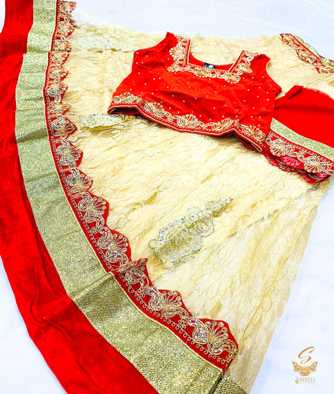 Red colour velvet based blouse with golden colour netting beautiful lehnga