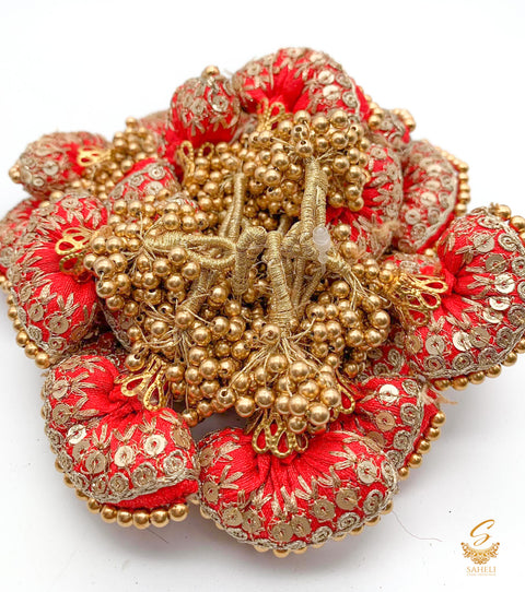Dark Red colour cushioned latkan with handwork and moti bunch work  (PER PAIR)