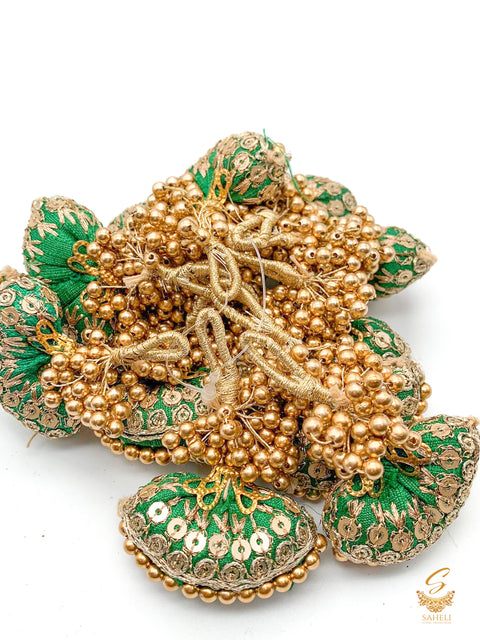Dark Green  colour cushioned latkan with handwork and moti bunch work  (PER PAIR)