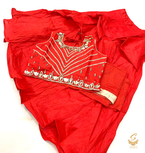 Red  colour raw silk based stone work beautiful kids lehnga