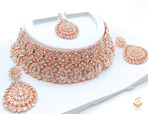Rosegold with Silver jerkan stone beautiful necklace set